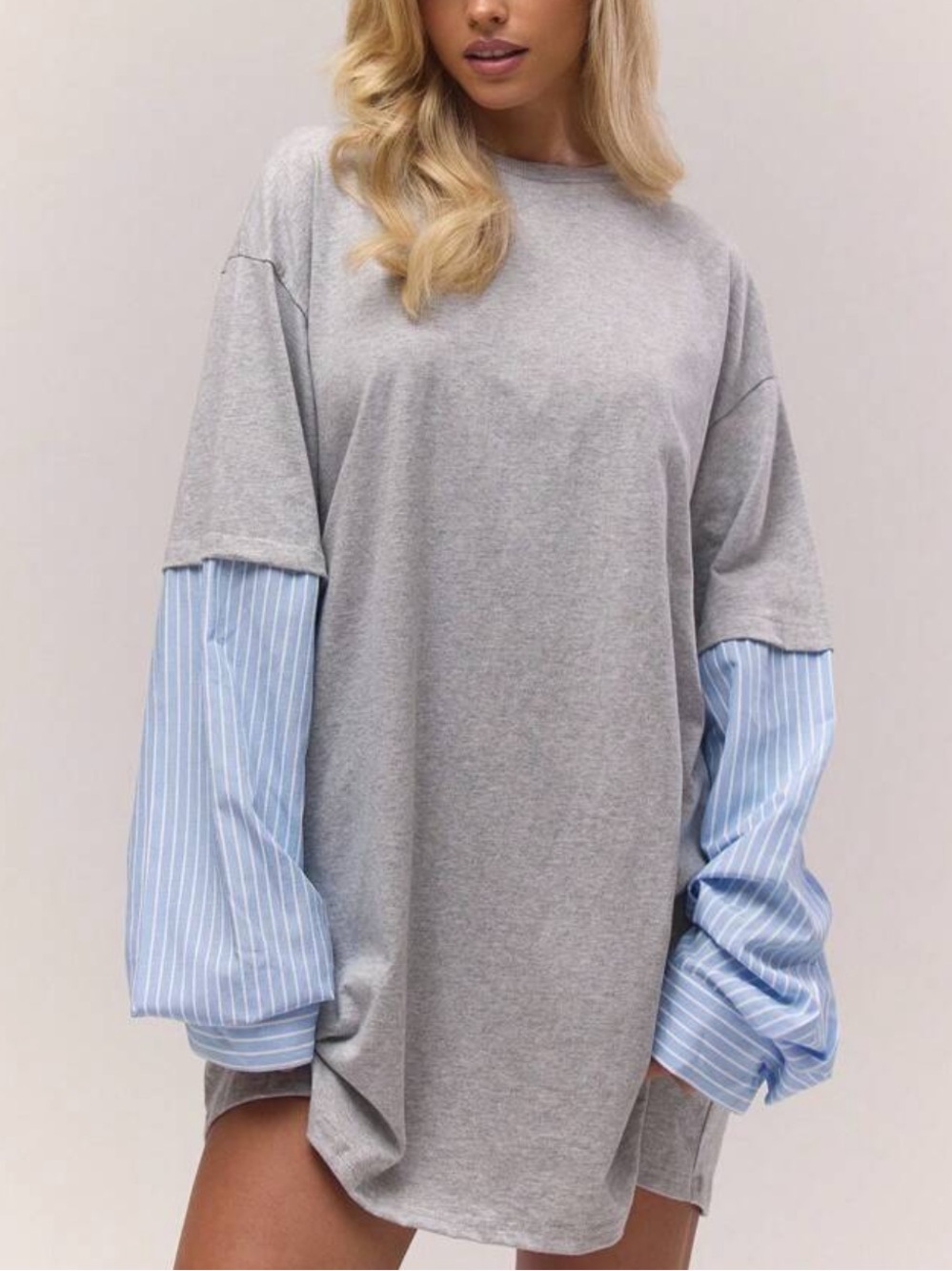 Oversized Gray Mini Dress with Blue Pinstripe Sleeve Detail